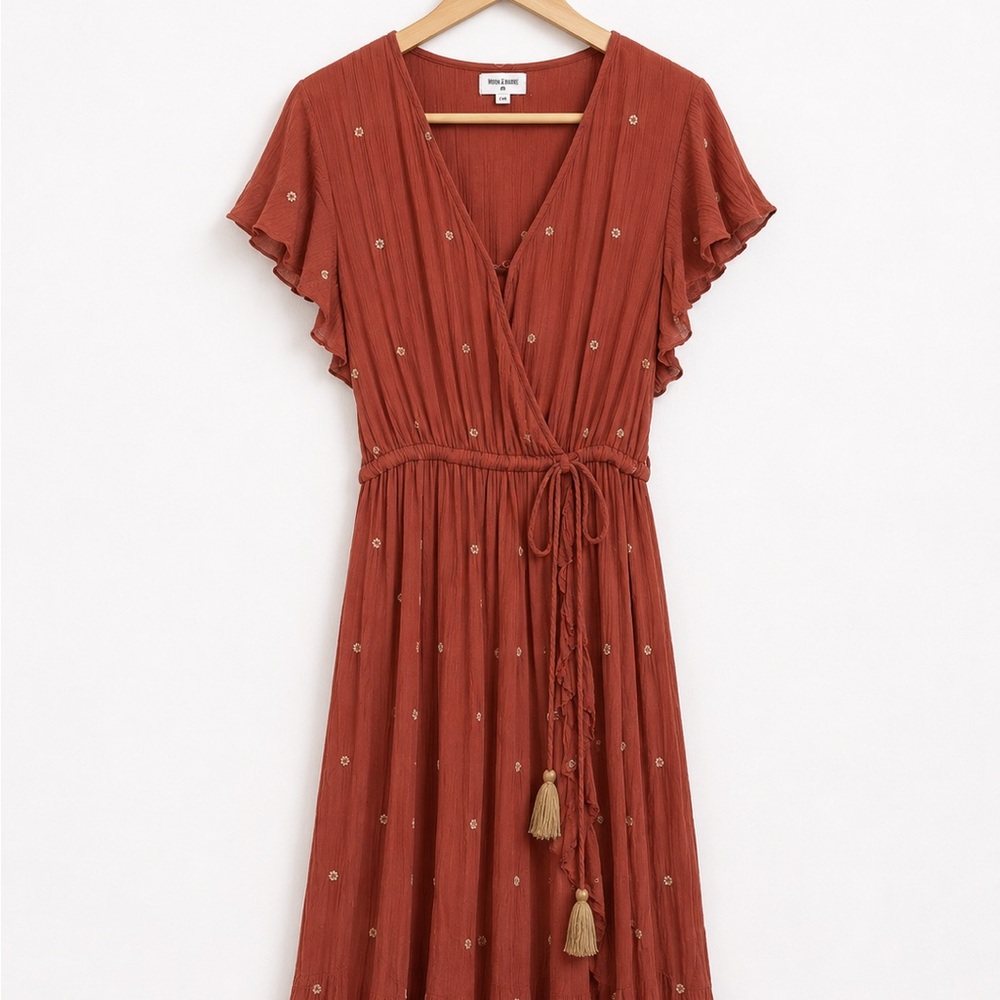 Maeve Terra Cotta Wrap Midi Dress with Tassel Tie